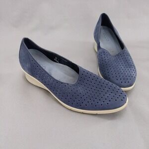 ECCO Wedge Loafers Women 41 Blue Perforated Nubuck Leather Slip On Shoes